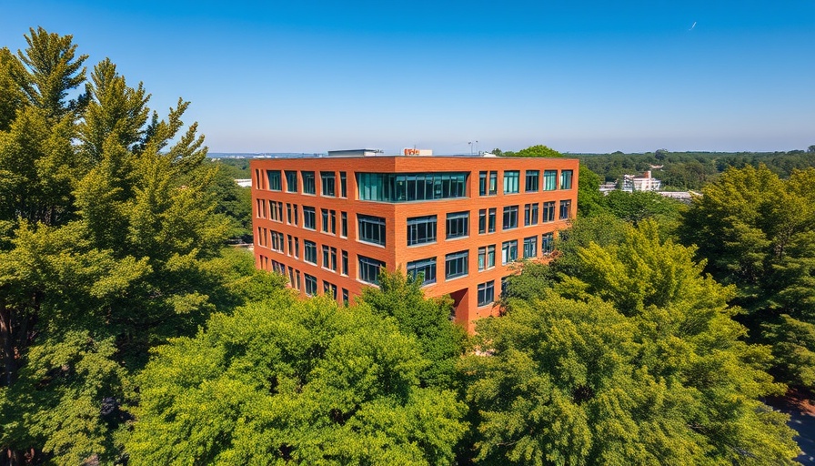 Modern office building in Houston business district surrounded by trees.