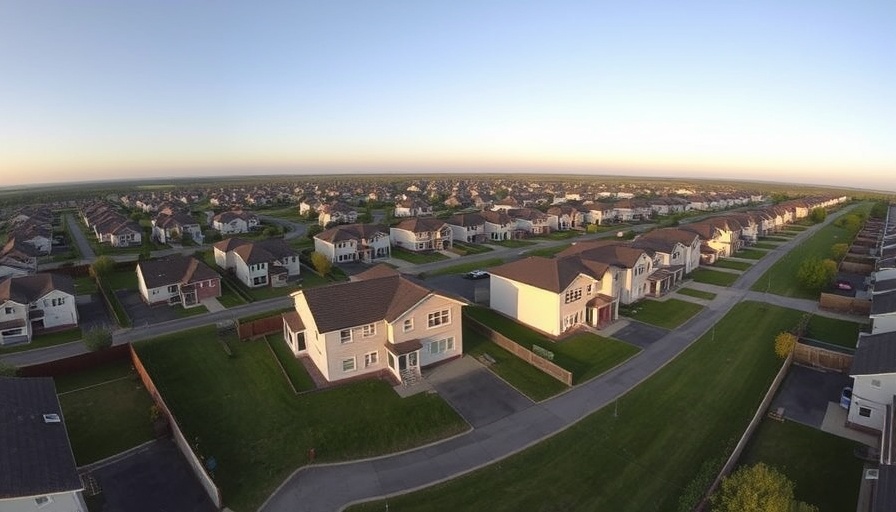 Aerial view of Plano homes with green lawns, illustrating median home prices drop.