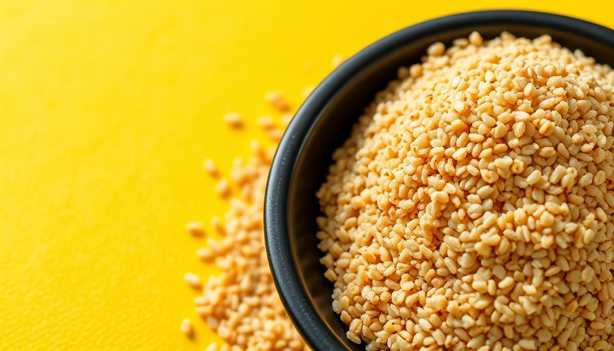 Uncooked quinoa grains in a bowl on a yellow background.