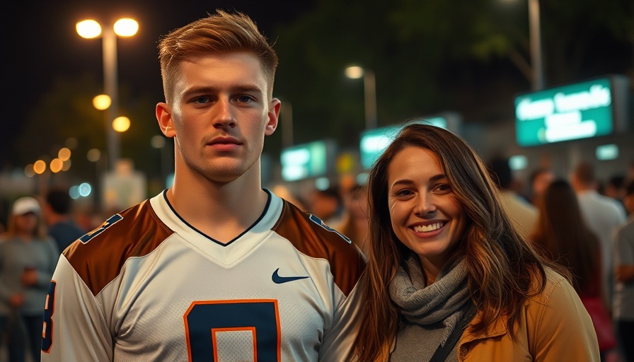 Young athlete standing with a supporter at night.