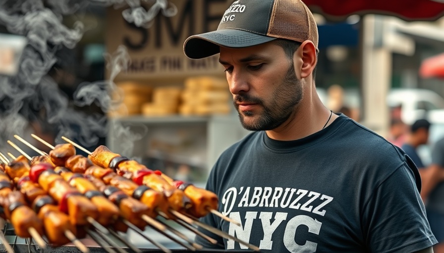 Chef grilling Italian BBQ skewers at D'Abruzzo NYC stand.