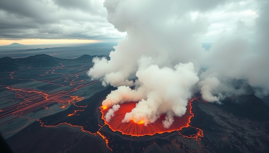 Aerial view of volcanic eruption in Iceland with lava flow and smoke.