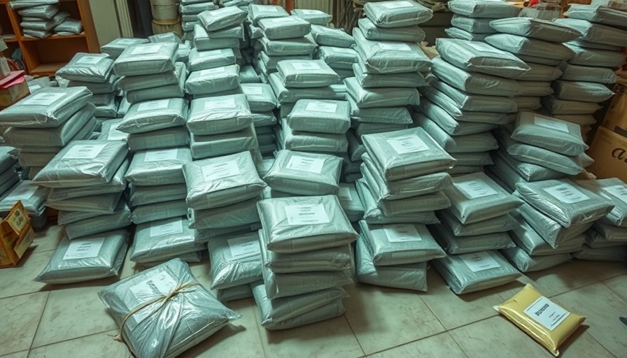 Drug trafficking in Haiti: piles of confiscated drug packages indoors.
