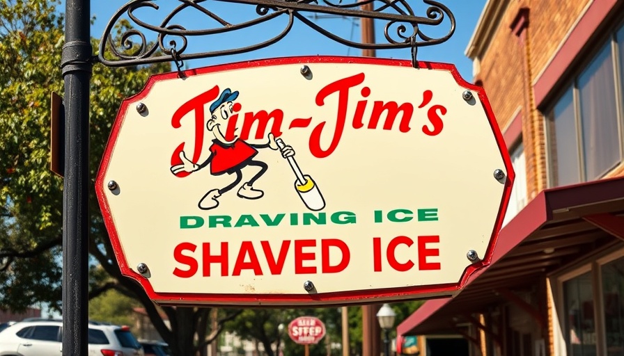Cartoon sign for Austin shaved ice shop, Jim-Jim's.