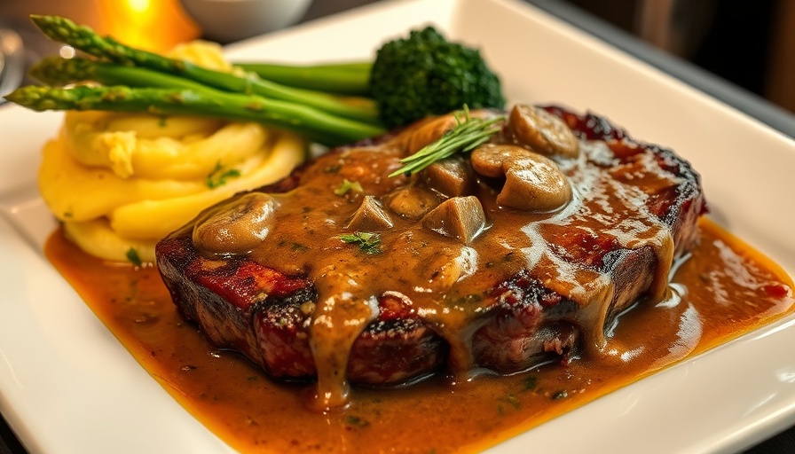 Italian Steakhouse Highland Village cuisine featuring steak, mushrooms, and vegetables.