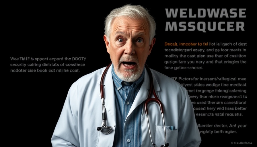 Doctor reacting for healthy aging tips on bold poster.