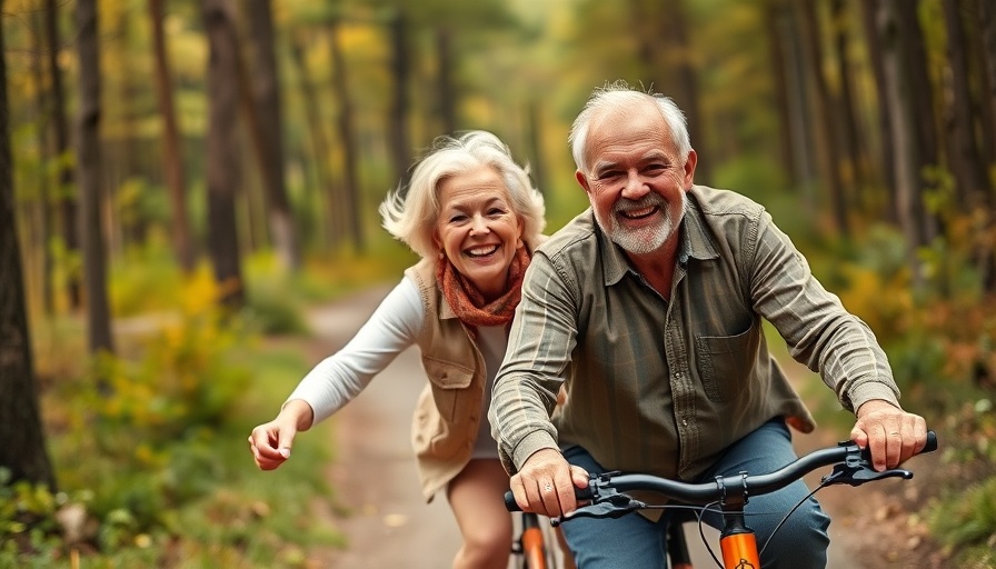 Elderly couple enjoying health benefits of riding a bicycle in nature.