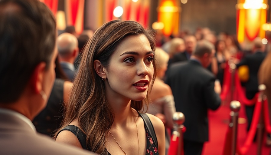 Young woman engaging at red carpet, expressive in conversation.
