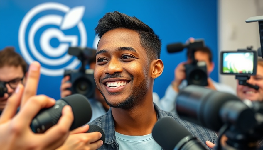 Young man smiling at media event with cameras in focus.