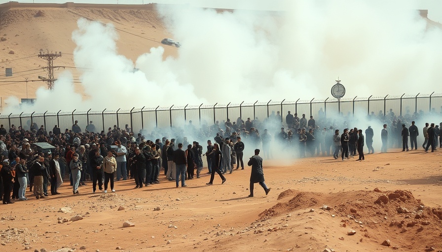 Crowd near fence in breaking news scene with smoke.