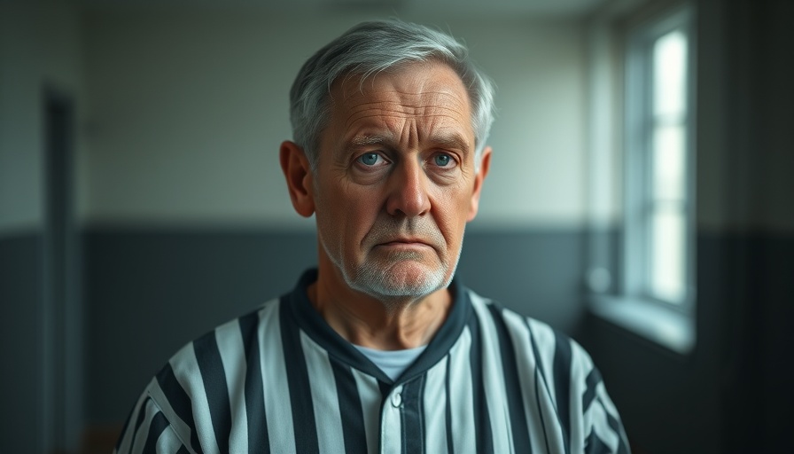 Older man in prison attire with a somber expression indoors.