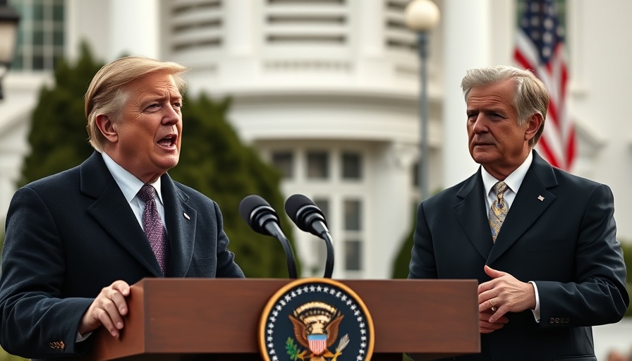 Breaking news announcement with two individuals at a podium outside.