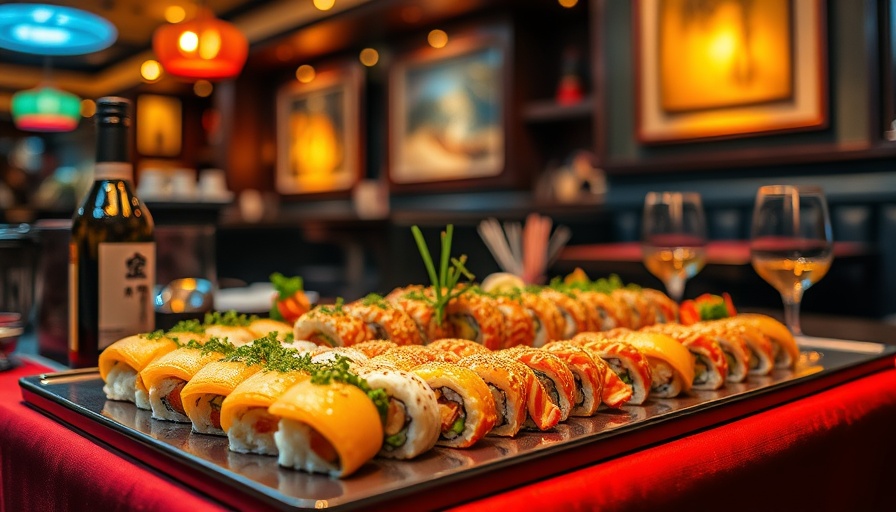 Assorted ghost kitchen sushi in Austin with sake on red cloth.