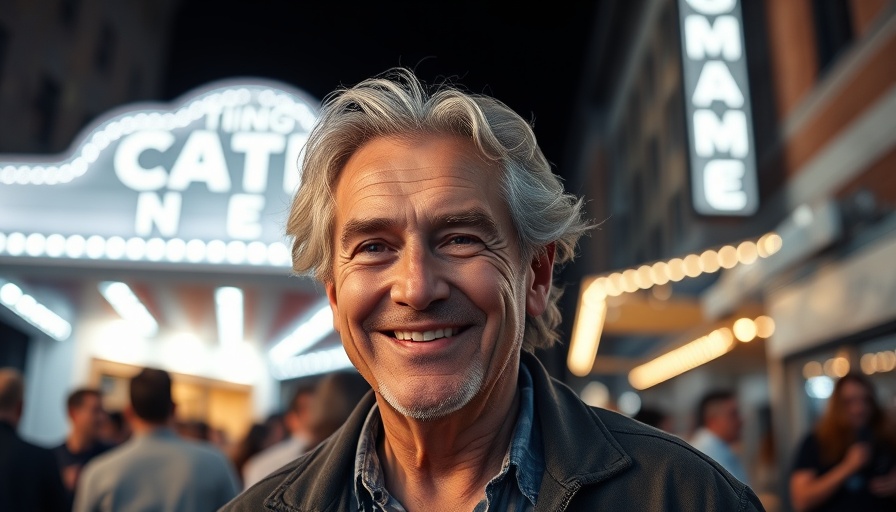 Smiling older man at outdoor event with marquee in background.