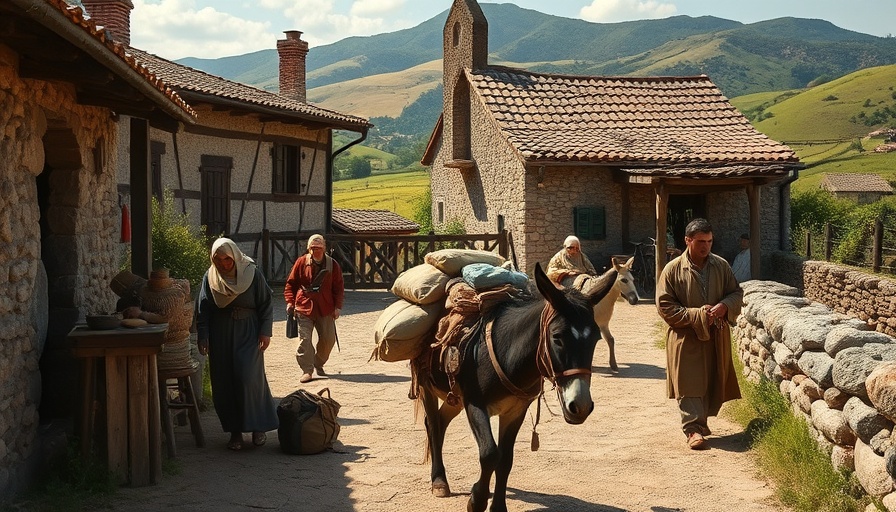 Jean de Florette movie scene with villagers and donkey in countryside.