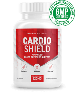 Cardio Shield supplement bottle supporting heart health in a medical clinical setting