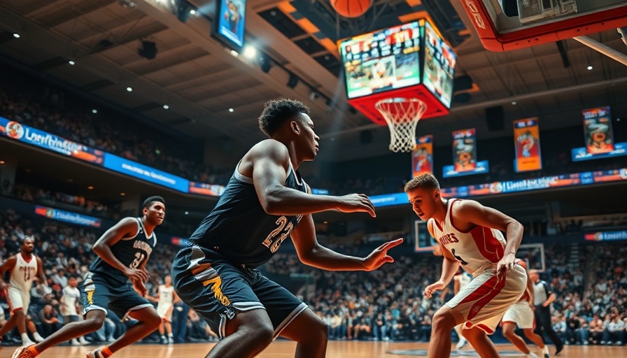 Intense basketball game scene with players competing.