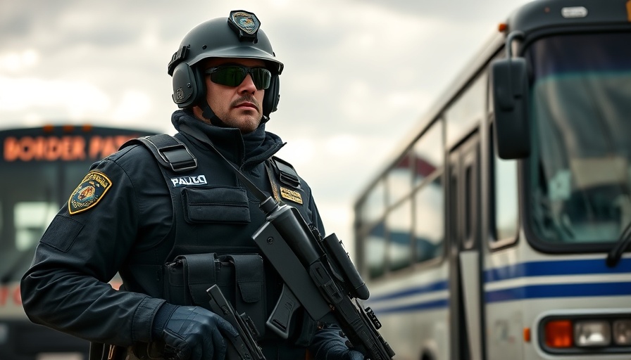 Border patrol agent in tactical gear near a bus, capturing hiring challenges.