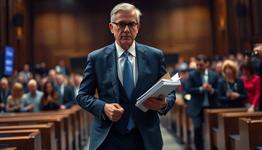 Man in blue suit handles documents in a busy room