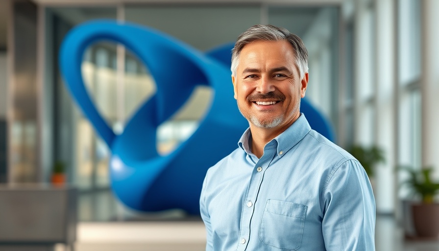 Man in a blue shirt with abstract blue sculpture in business environment, Houston business news.