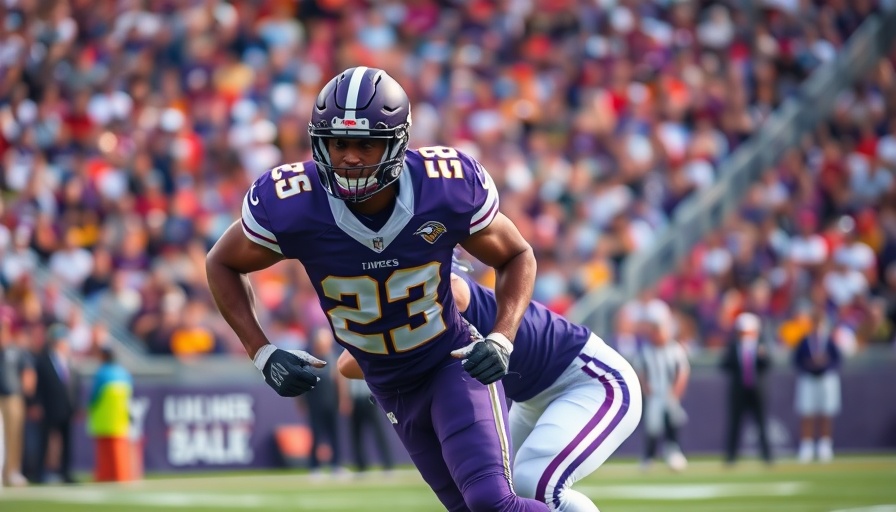 Football player in purple uniform during game action.