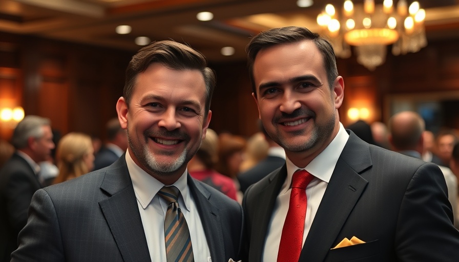 Two men in suits smiling together at an evening event