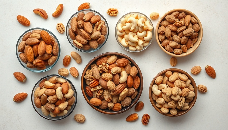 Variety of mixed nuts in bowls, beneficial for erectile dysfunction.