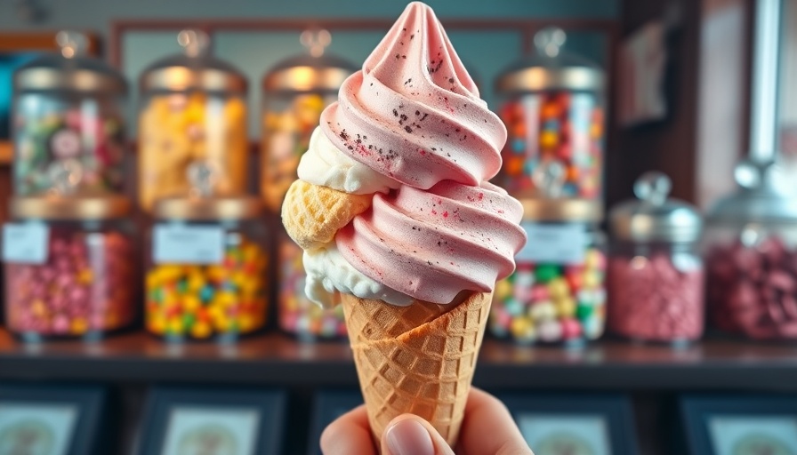 Delicious ice cream cone held in front of candy jars at a Dallas ice cream shop.