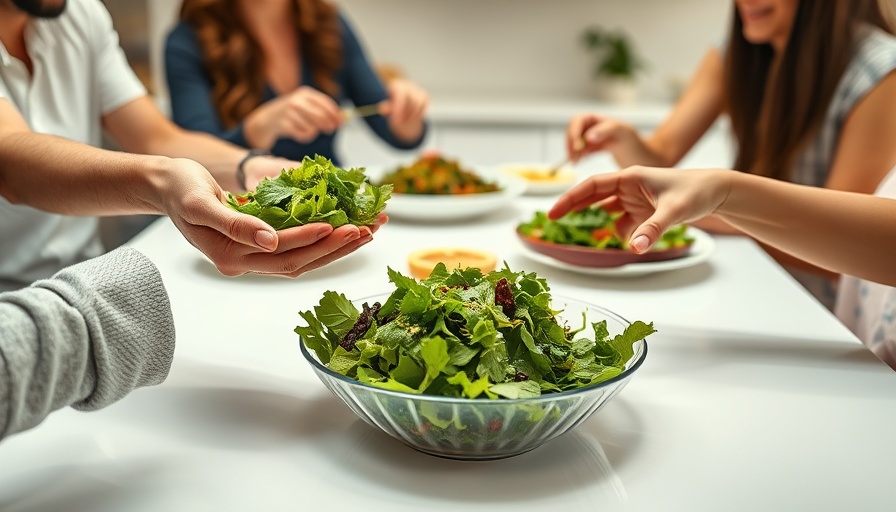 Close-up of people sharing a fresh salad at a bright table.