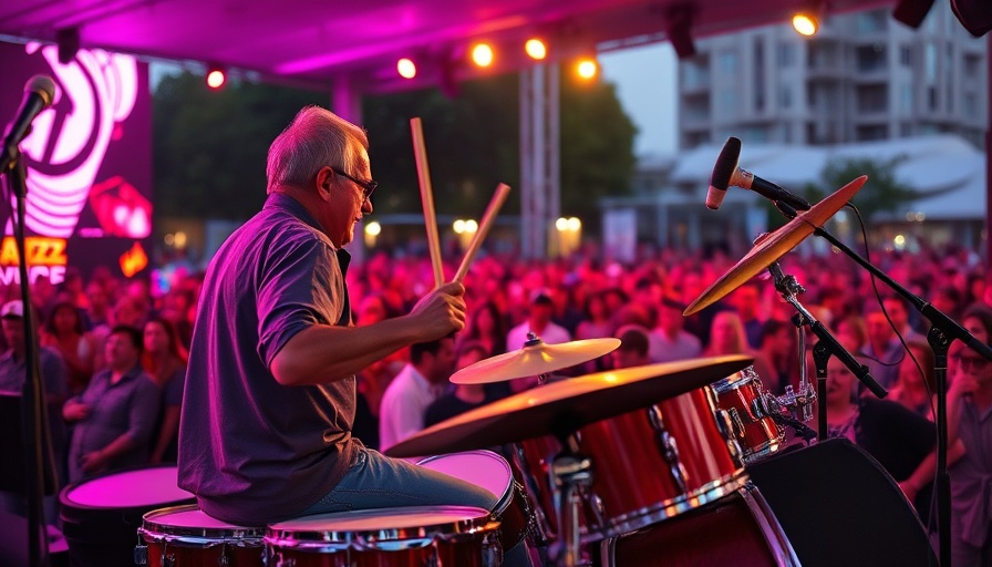 Balcones Heights Jazz Festival drummer performing outdoors with vibrant lighting