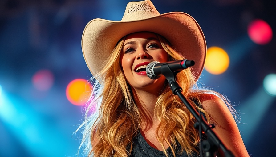 Texas flood benefit concert with singer in cowboy hat performing.