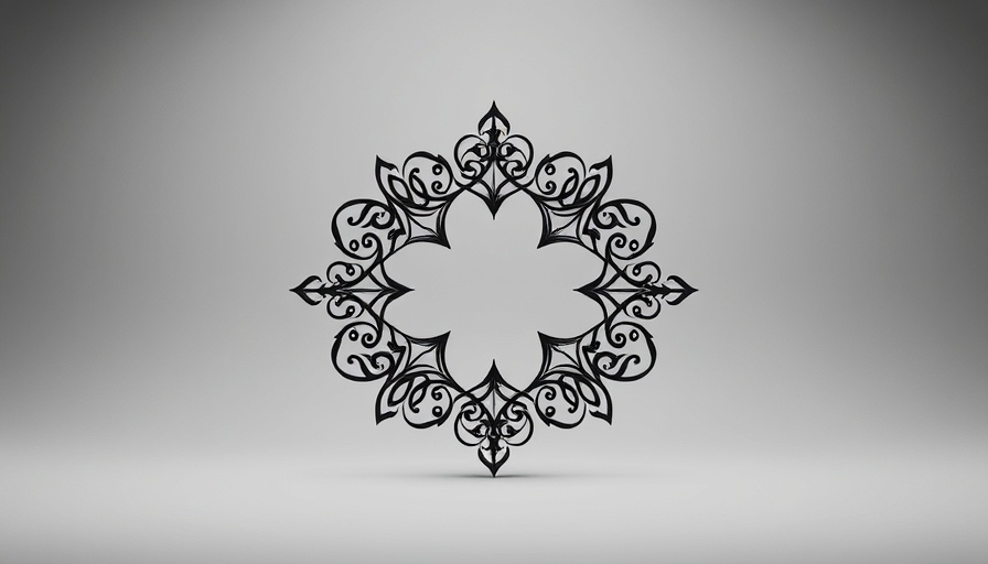 Grey abstract shape with intricate borders on a plain background.