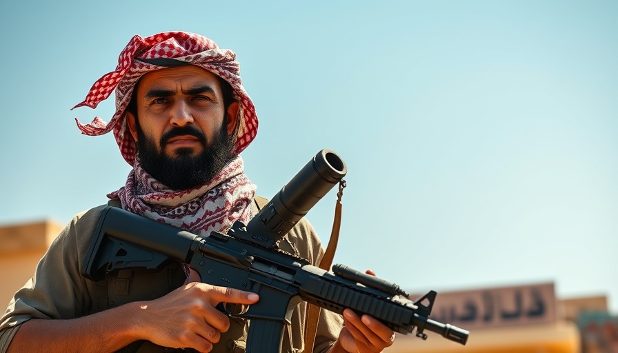 Armed figure in Suwayda Syria with city sign under blue sky.