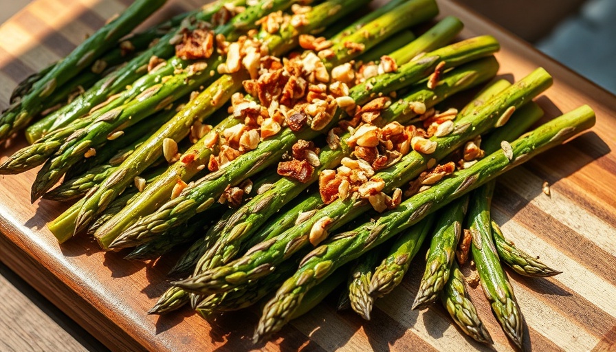 Fire-grilled wild asparagus with herbs and nuts on rustic platter.