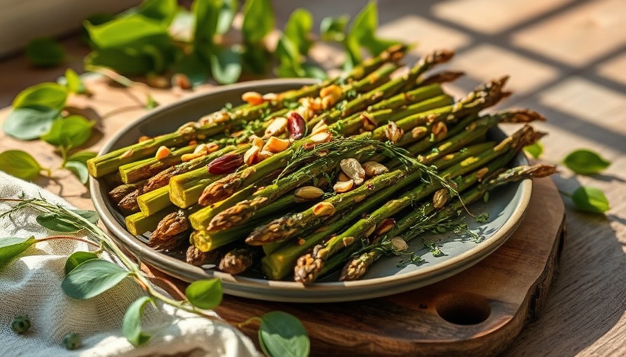 Forager’s Fire-Grilled Wild Asparagus on rustic board with herbs.