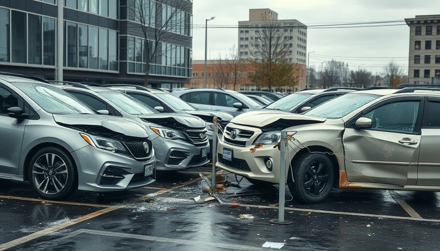 Houston parking lot crash scene with damaged vehicles.