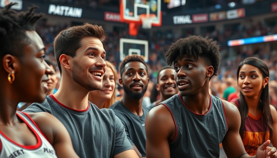 Basketball fans animatedly converse during game with vibrant court in background.