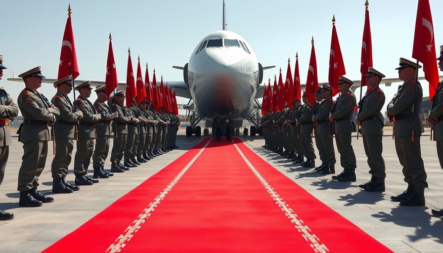 Soldiers with flags beside Turkish airplane at ceremony, marking Turkey invasion of Cyprus anniversary.
