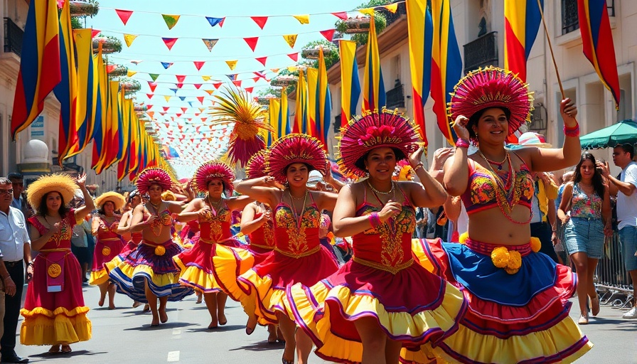 Colombian Independence Day parade with traditional dancers and vibrant costumes.