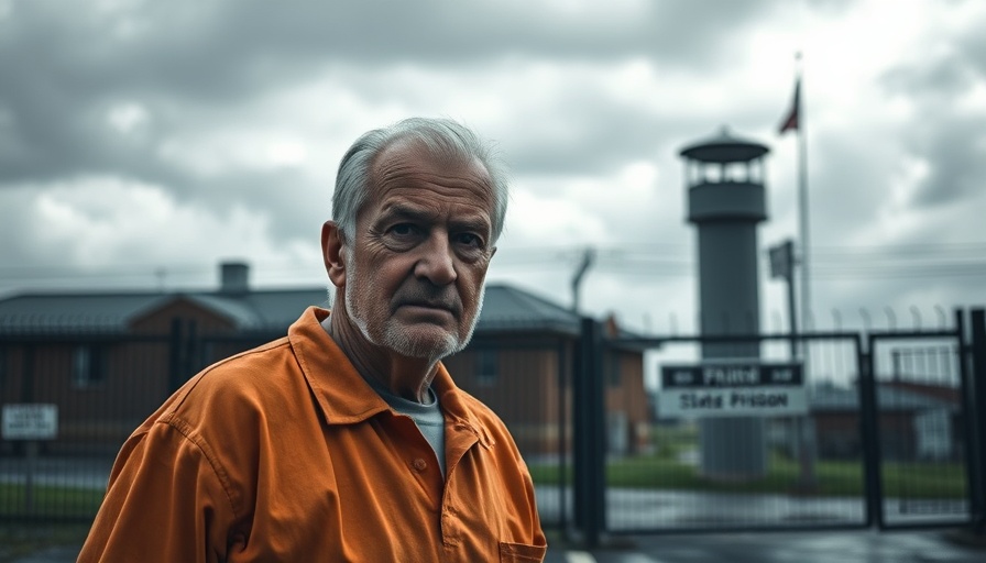 State prison entrance with overcast sky; man in orange prison uniform.