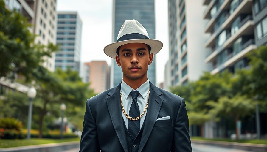 Young man in formal attire with hat and chain, urban background.