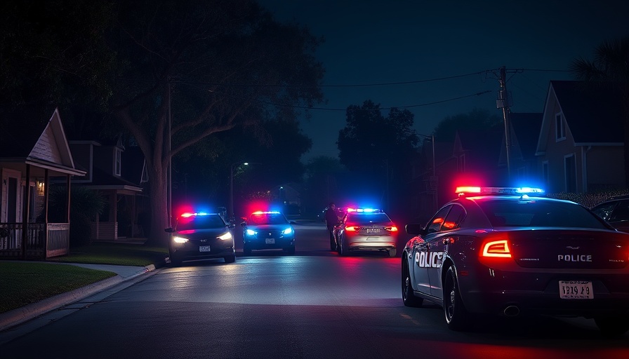 Police cars at night scene reflecting gun violence in Houston.