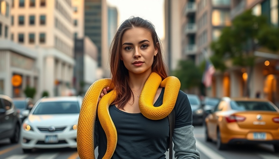 Young woman with snake in urban setting, highlighting NCAA athlete mental health.