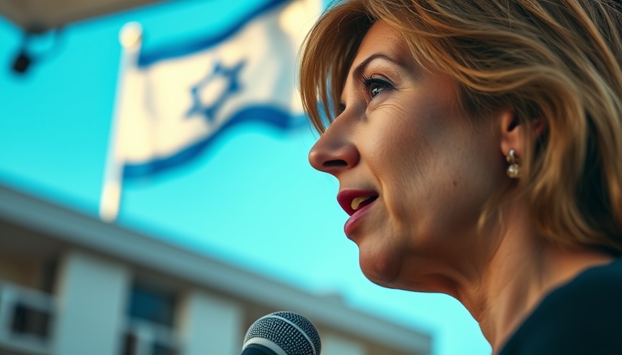 Dual image: Woman speaking and Israeli flag flying, U.S. aid to Israel.