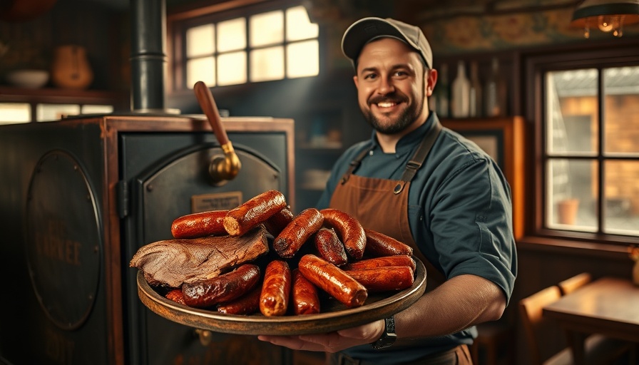 Chef showcasing smoked meats in Dallas BBQ restaurant.