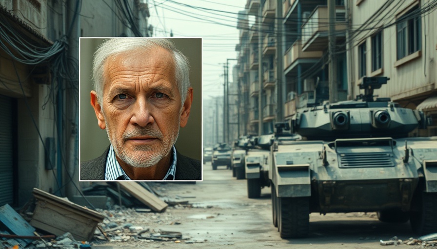 Urban conflict zone and older man inset, immigrant status revoked theme.