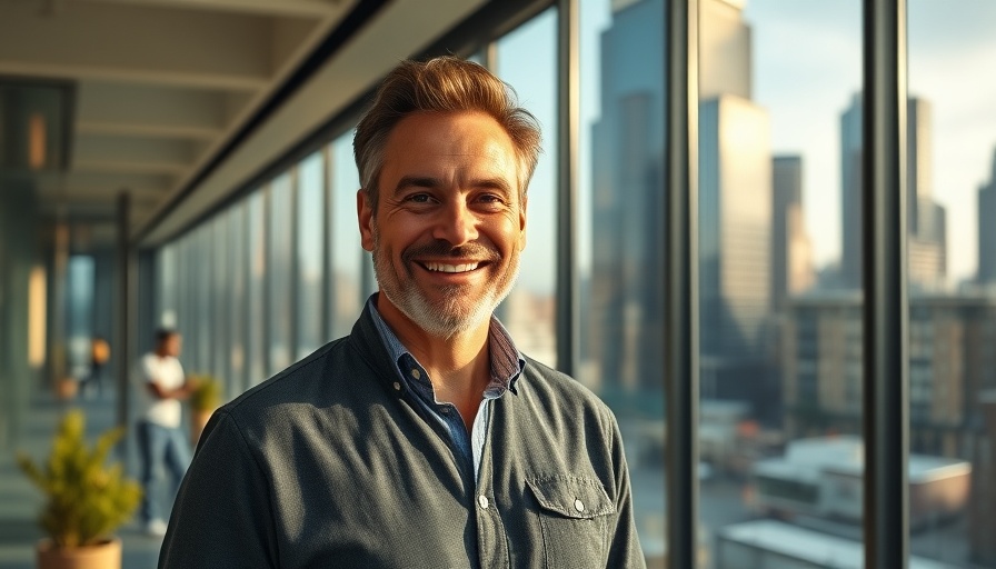 Smiling man in modern office with urban view, Austin business growth.