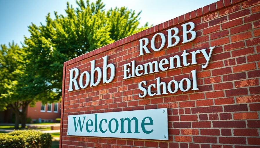 Robb Elementary School sign with Welcome text under clear sky.