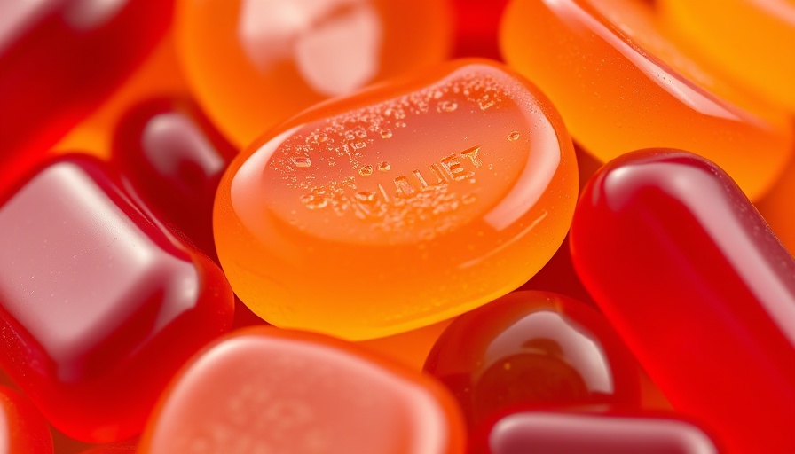 Close-up of vibrant B12 vitamin gummies in orange and red