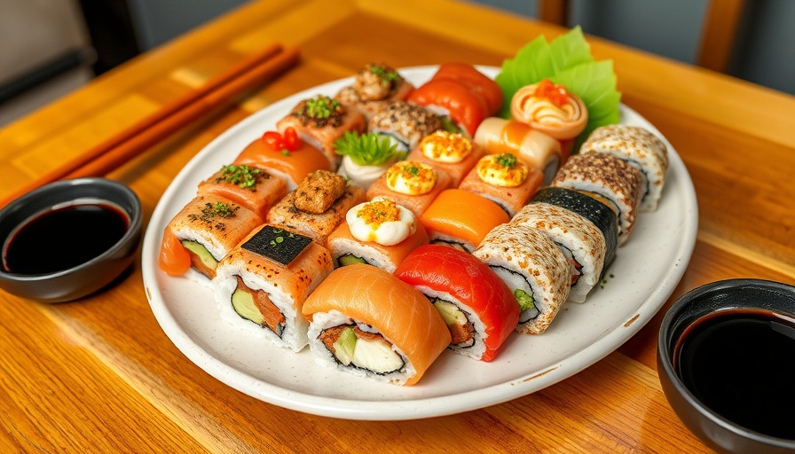 Vibrant sushi rolls on ceramic plate for custom sushi delivery in Austin.